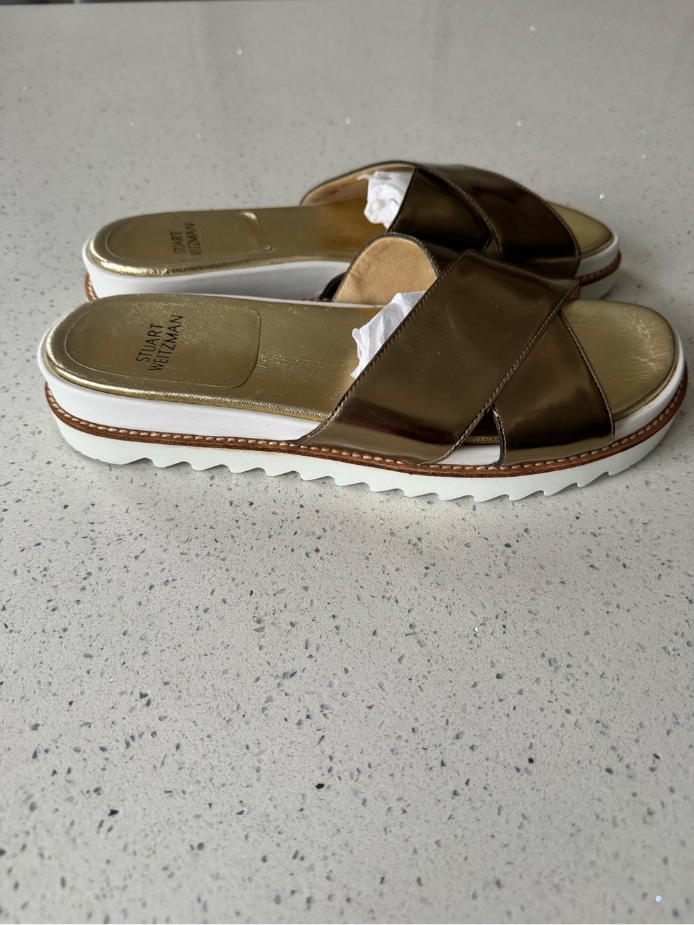 Stuart Weitzman Metallic Gold Crisscross Slide Sandals - Picture 2 of 5